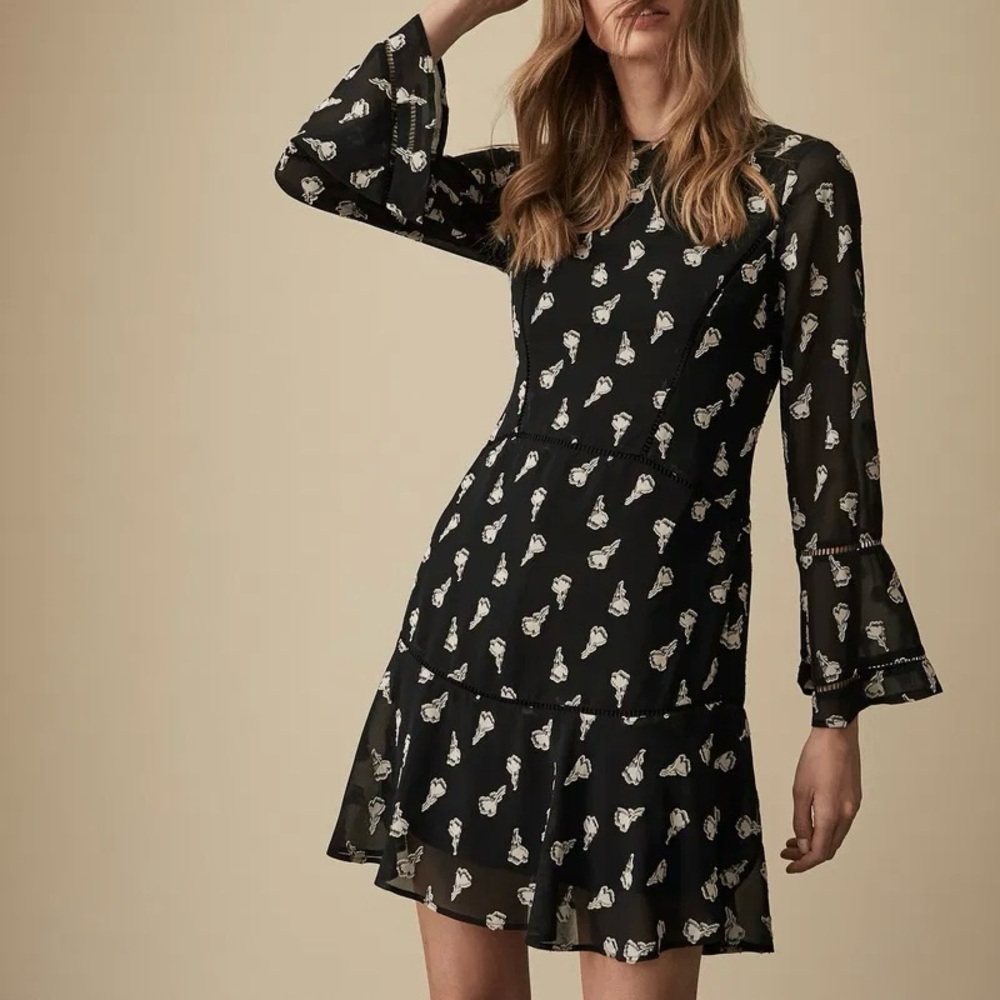 Reiss Yvette Black/White Floral Printed Dress US 8